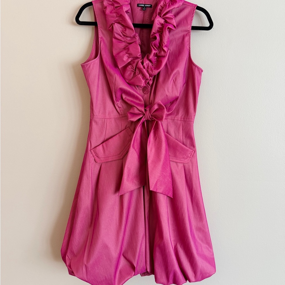 Samuel Dong Hot Pink Ruffle V-Neck Tie-Waist Mini Dress